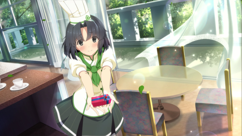 1girl black_hair blush chair chef_hat closed_mouth cup curtains day dress furrowed_brow game_cg green_dress green_neckerchief hat heijou_institute_school_uniform holding incoming_gift indoors looking_at_viewer musumi_kiyoka neckerchief official_art parted_bangs saucer school_uniform shirt short_hair short_sleeves skirt smile solo standing sunlight table toji_no_miko toji_no_miko:_kizamishi_issen_no_tomoshibi white_hat white_shirt window