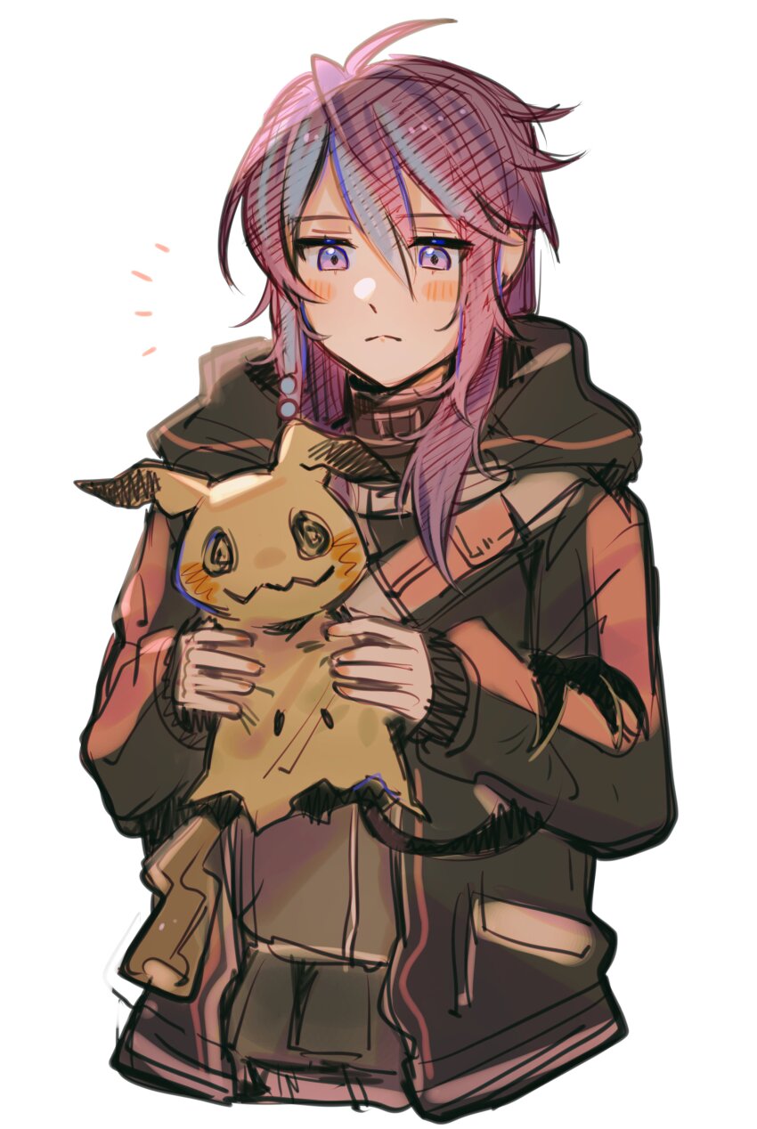 1girl absurdres belt black_hoodie blue_hair blush closed_mouth commentary creatures_(company) eiyuu_densetsu english_commentary game_freak gen_7_pokemon highres holding holding_pokemon hood hoodie jolda_(kuro_no_kiseki) kuro_no_kiseki_(series) leorlontyan long_hair mimikyu multicolored_hair nintendo notice_lines pokemon pokemon_(creature) purple_eyes purple_hair simple_background solid_oval_eyes streaked_hair two-tone_hair white_background