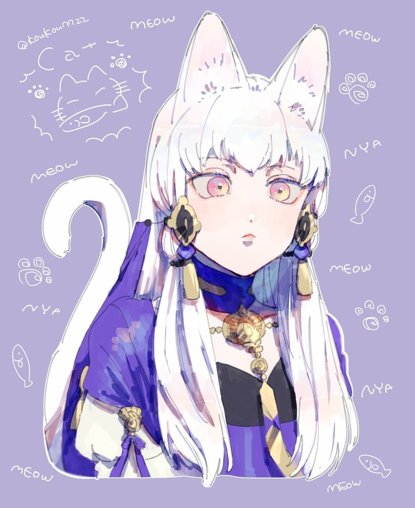 1girl animal_ears blue_background cat_ears cat_tail closed_mouth fire_emblem fire_emblem:_three_houses hair_ornament highres long_hair lysithea_von_ordelia nerinriume nintendo pink_eyes simple_background solo tail twitter_username upper_body white_hair