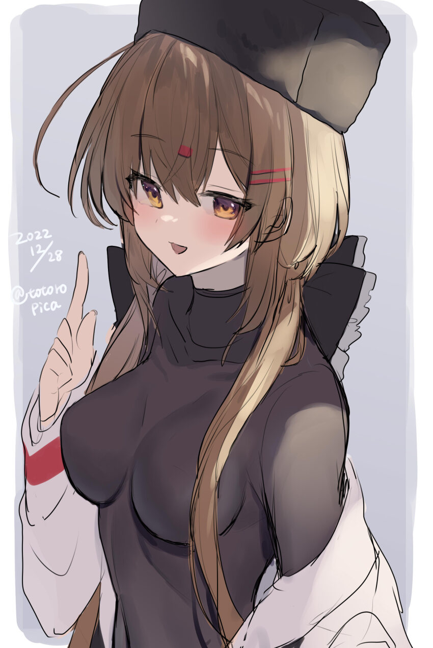 1girl black_hat black_shirt blush breasts brown_eyes brown_hair dated fur_hat hair_between_eyes hair_ornament hairclip hat highres index_finger_raised kantai_collection long_hair long_sleeves medium_breasts one-hour_drawing_challenge open_mouth papakha picoli1313 shirt smile solo tashkent_(kancolle) twitter_username upper_body