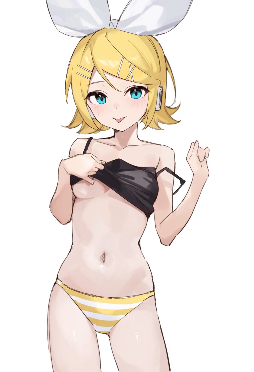 1girl aqua_eyes bare_shoulders black_tank_top blonde_hair blush breasts closed_mouth clothes_lift collarbone hair_ornament hair_ribbon hairclip headphones highres kagamine_rin looking_at_viewer navel no_bra no_pants panties rakugaki_ningen ribbon shirt_lift short_hair smile solo striped_clothes striped_panties tank_top tongue tongue_out underboob underwear vocaloid