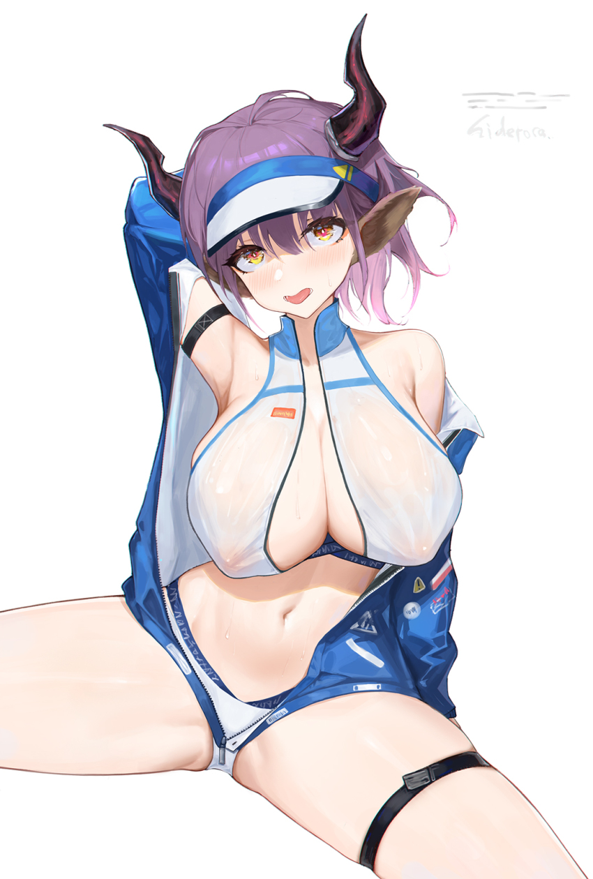 1girl animal_ears arknights arm_behind_head arm_up armpit_crease bare_shoulders bikini blue_jacket blush breasts brown_eyes character_name chinese_commentary cleavage collarbone commentary_request covered_erect_nipples cow_ears cow_girl cow_horns groin hair_between_eyes head_tilt highres horns jacket large_breasts long_sleeves looking_at_viewer lower_teeth_only midriff navel off_shoulder official_alternate_costume open_clothes open_mouth partially_unzipped purple_hair sawaki_ken short_hair shoulder_strap sidelocks sideroca_(arknights) sideroca_(light_breeze)_(arknights) simple_background sitting skindentation solo spread_legs sweat swimsuit teeth thigh_strap tongue tongue_out visor_cap wet wet_clothes white_background white_bikini