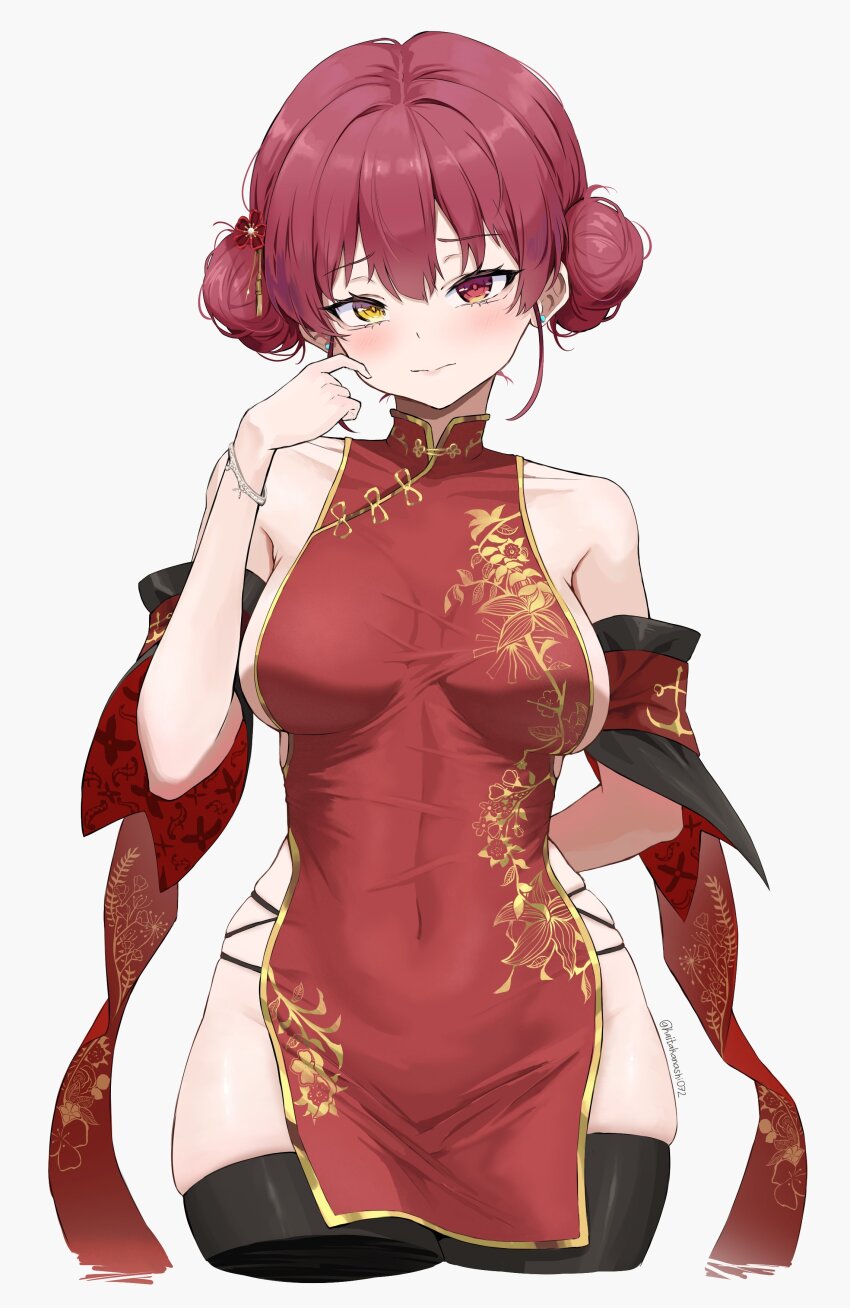 1girl absurdres bare_shoulders blush breasts china_dress chinese_clothes closed_mouth double_bun dress hair_between_eyes hair_bun hair_ornament heterochromia highres hololive houshou_marine kai_takanashi large_breasts looking_at_viewer pelvic_curtain print_dress red_eyes red_hair sideboob solo string thighhighs twitter_username virtual_youtuber