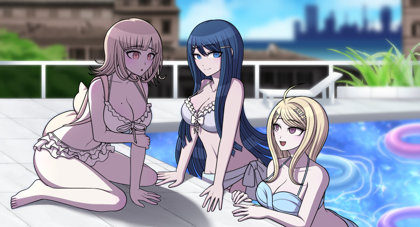 3girls :d :o absurdres ahoge akamatsu_kaede animal_bag backpack bag bare_shoulders barefoot bikini blonde_hair blue_eyes blue_hair breasts brown_hair cat_bag cleavage collarbone danganronpa:_trigger_happy_havoc danganronpa_(series) danganronpa_2:_goodbye_despair danganronpa_v3:_killing_harmony fortissimo frilled_bikini frills fulltimeangel13 hair_ornament highres large_breasts long_hair maizono_sayaka medium_hair mole mole_on_breast multiple_girls musical_note musical_note_hair_ornament nanami_chiaki no_hair_ornament official_alternate_costume open_mouth outdoors pink_bag pink_eyes smile swimsuit water