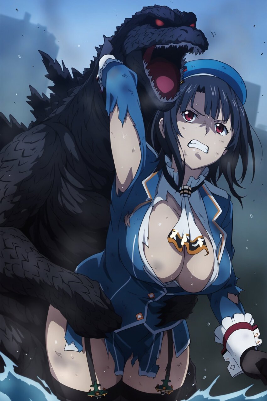 1girl beret black_hair black_thighhighs blue_hat blue_jacket blue_skirt breasts cleavage clenched_teeth commentary_request garter_straps godzilla godzilla_(minus_one) godzilla_(series) godzilla_minus_one hat highres jacket kaiju kazenbou large_breasts leaning_forward military_uniform short_hair skirt takao_(kancolle) teeth thighhighs toho water