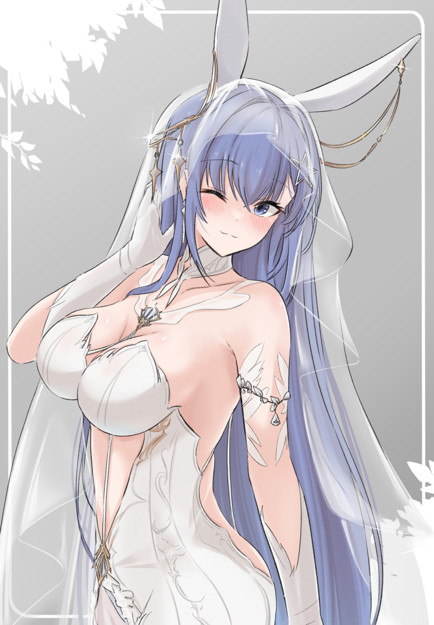 1girl animal_ears azur_lane backless_dress backless_outfit blue_eyes blush breasts bridal_veil clothing_cutout collarbone commentary dress elbow_gloves fake_animal_ears gloves highres large_breasts long_hair new_jersey_(azur_lane) new_jersey_(snow-white_ceremony)_(azur_lane) one_eye_closed solo stomach_cutout uniazi_mikan upper_body veil white_dress white_gloves