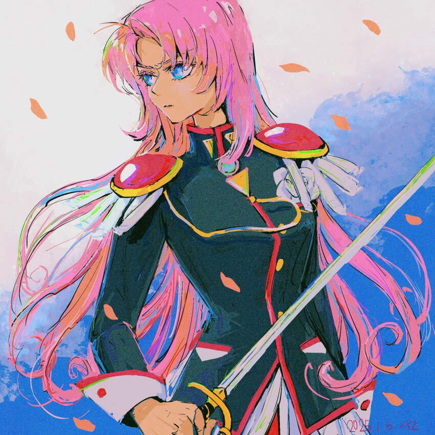 1girl black_jacket blue_eyes chinese_commentary commentary dated epaulettes falling_petals highres holding holding_sword holding_weapon jacket long_hair long_sleeves looking_to_the_side petals pink_hair pink_petals shoujo_kakumei_utena solo sword sword_of_dios tenjou_utena turning_head very_long_hair weapon windychariot