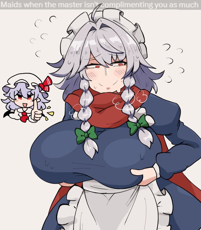 2girls blush breasts curvy english_text grabbing_own_breast highres huge_breasts izayoi_sakuya long_sleeves medium_hair multiple_girls notnoe_(dxcl) remilia_scarlet steam sweat thumbs_up touhou wide_hips