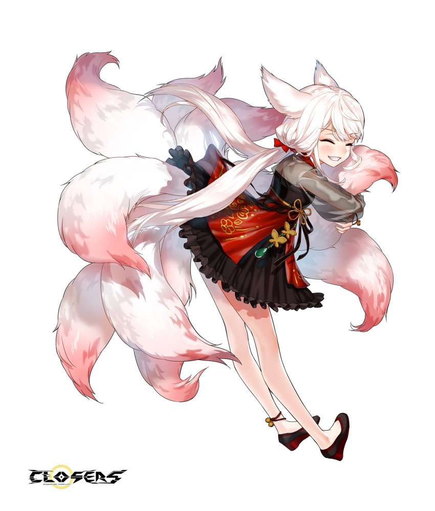 1girl animal_ears bare_legs black_dress black_footwear closed_eyes closers dress facing_viewer fox_ears fox_tail frilled_dress frills full_body grin highres hugging_own_tail hugging_tail kyuubi leaning_forward long_hair long_sleeves low_twintails multiple_tails official_art see-through_clothes see-through_sleeves seth_(closers) shoes smile solo tail twintails very_long_hair white_hair