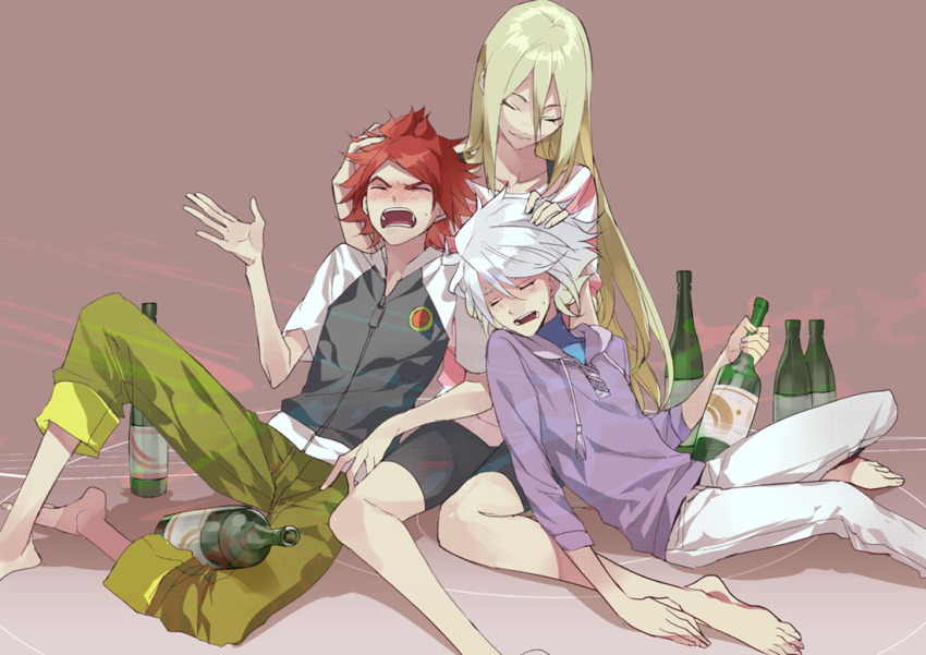 3boys afuro_terumi alcohol bad_id bad_pixiv_id barefoot blonde_hair blush drunk feet inazuma_eleven inazuma_eleven_(series) izumi_(nagashi) long_hair male_focus multiple_boys nagumo_haruya red_hair short_hair suzuno_fuusuke very_long_hair