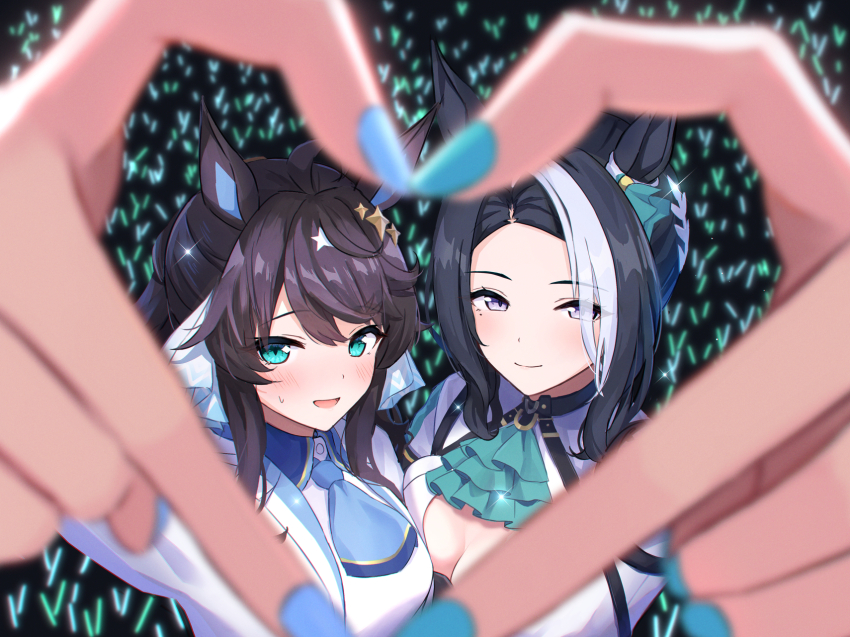 2girls ahoge animal_ears black_hair blue_eyes blurry blurry_background blush breast_press breasts cleavage closed_mouth commentary_request daring_tact_(umamusume) fingernails heart heart_hands highres horse_ears horse_girl jacket kashmir_0808 medium_breasts mejiro_ramonu_(umamusume) multiple_girls open_mouth smile stage sweat umamusume