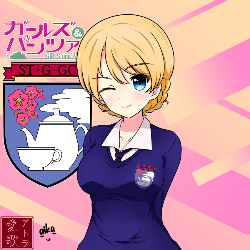 1girl ;) aikazilla arms_behind_back artist_logo artist_name black_neckwear blonde_hair blue_eyes blue_sweater braid closed_mouth commentary copyright_name darjeeling_(girls_und_panzer) dress_shirt emblem girls_und_panzer highres logo long_sleeves looking_at_viewer necktie one_eye_closed school_uniform shirt short_hair signature smile st._gloriana&#039;s_(emblem) st._gloriana&#039;s_school_uniform sweater twin_braids upper_body v-neck white_shirt wing_collar