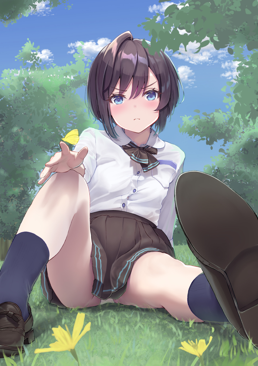 1girl arisugawa_riu black_hair black_skirt black_socks blue_eyes blue_sky blush bow bowtie breast_pocket brown_bow brown_bowtie brown_footwear brown_skirt bug butterfly butterfly_on_hand closed_mouth cloud cloudy_sky collared_shirt commentary dandelion day dress_shirt flower frown grass highres insect knee_up kneehighs legs loafers long_sleeves looking_at_viewer on_grass original outdoors panties pantyshot pleated_skirt pocket rebun shirt shoe_soles shoes short_hair sitting skirt sky socks solo thighs tree underwear v-shaped_eyebrows white_panties white_shirt yellow_butterfly yellow_flower