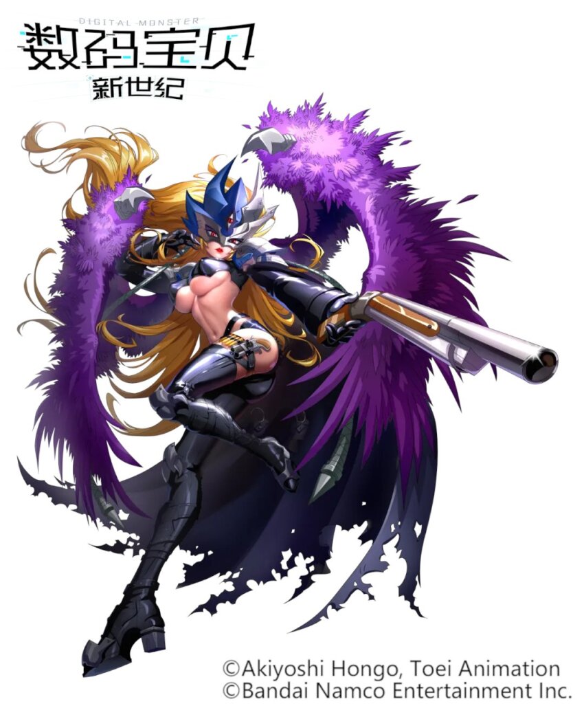 ammunition ass beelstarmon beelstarmon_x-antibody belt breasts bullet derringer digimon digimon_(creature) digimon_new_century gun handgun highres lipstick long_hair makeup mask official_art revealing_clothes third_eye underboob weapon wings