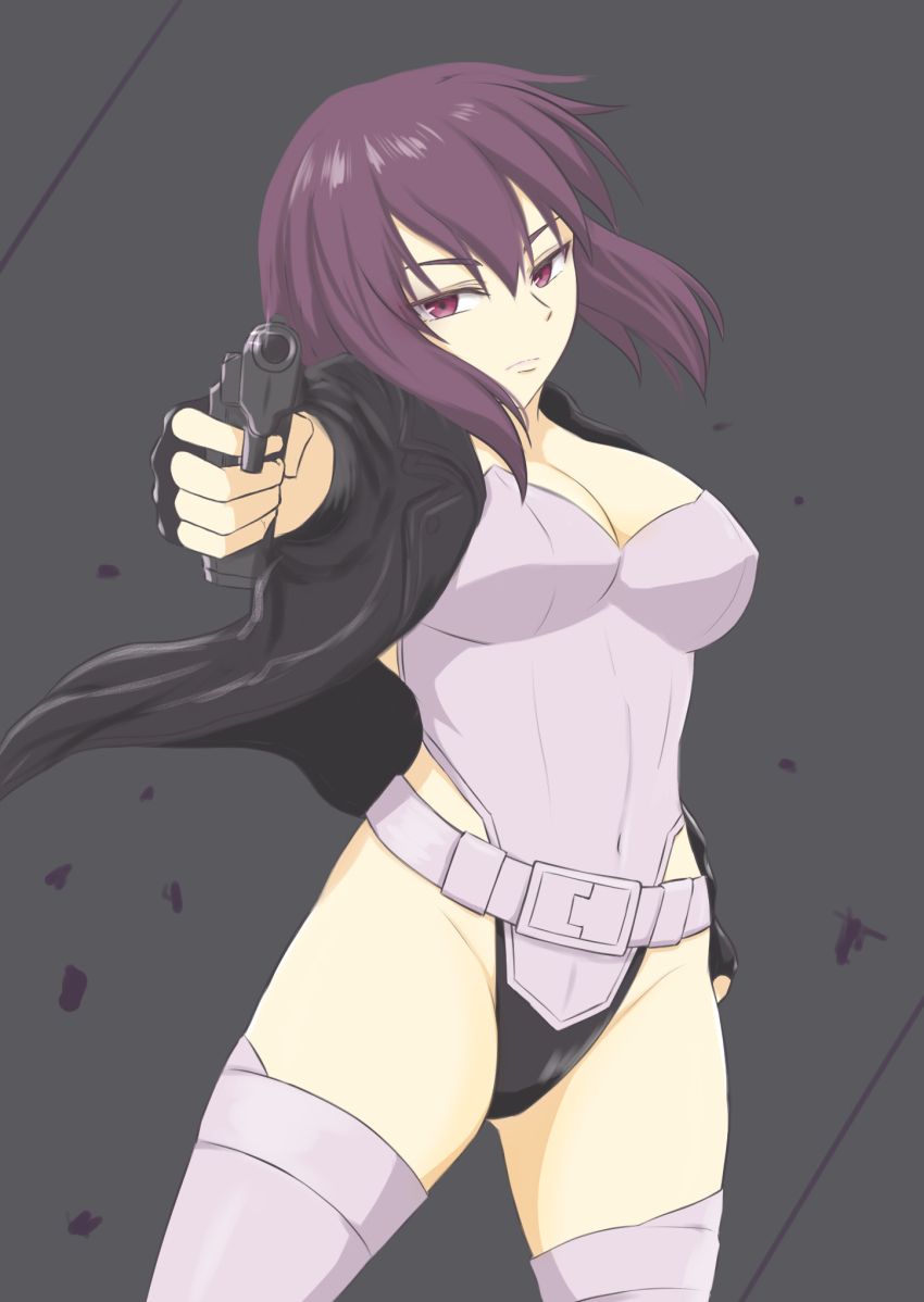 1girl belt black_jacket cropped_legs ghost_in_the_shell gun handgun highleg highleg_leotard highres holding holding_gun holding_weapon jacket kusanagi_motoko leotard looking_at_viewer medium_hair open_clothes open_jacket purple_eyes purple_hair solo strapless strapless_leotard utsugi_(karautu_gi) weapon white_belt white_leotard wide_hips