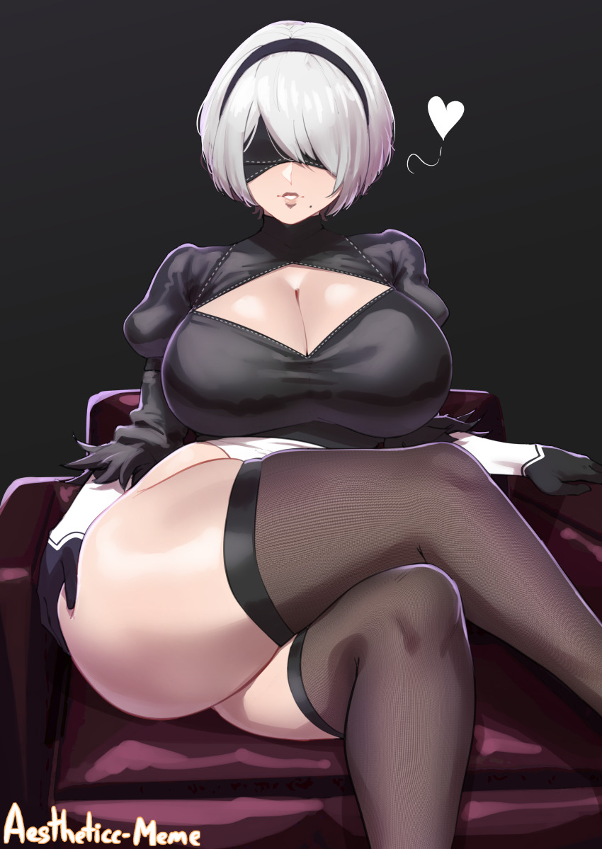 1girl 2b_(nier:automata) absurdres aestheticc-meme alternate_breast_size blindfold breasts crossed_legs fine_fabric_emphasis hairband highres huge_breasts mole mole_under_mouth nier:automata nier_(series) short_hair sitting thick_thighs thighhighs thighs white_hair