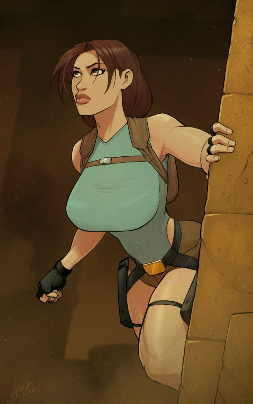 1girl aqua_leotard backpack bag black_gloves breasts brown_eyes brown_hair brown_shorts devilhs fingerless_gloves gloves highres lara_croft large_breasts leotard long_hair short_shorts shorts solo tomb_raider