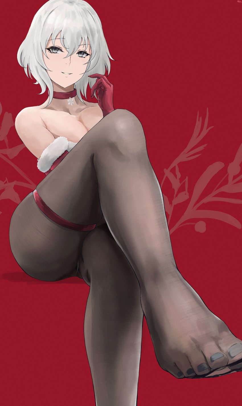 1girl absurdres black_pantyhose breasts choker christmas collarbone elbow_gloves feet foot_focus foreshortening gloves grey_eyes highres looking_at_viewer nail_polish no_shoes original panties pantyhose red_choker short_hair sitting snowflake_choker solo thick_thighs thigh_strap thighs toenail_polish toenails toes underwear white_hair yato_(yama0x1)