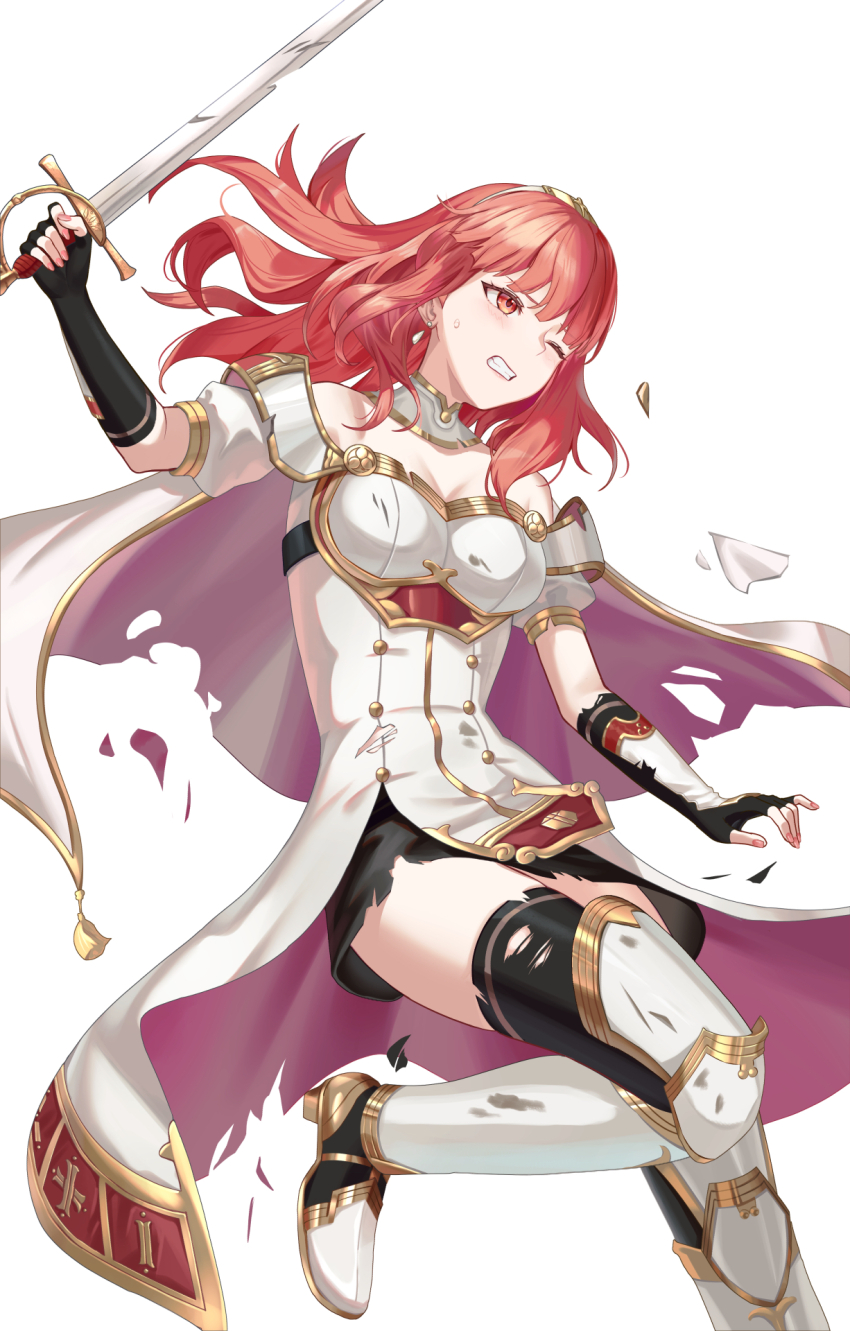 1girl arm_guards armor armored_boots bare_shoulders black_thighhighs boku_no_edamame boots breastplate breasts cape celica_(fire_emblem) circlet cleavage clenched_teeth dress earrings fingerless_gloves fire_emblem fire_emblem_echoes:_shadows_of_valentia gloves highres holding holding_sword holding_weapon jewelry long_hair looking_to_the_side medium_breasts nintendo one_eye_closed red_eyes red_hair simple_background solo sword teeth thighhighs tiara torn_clothes torn_thighhighs weapon white_armor white_background