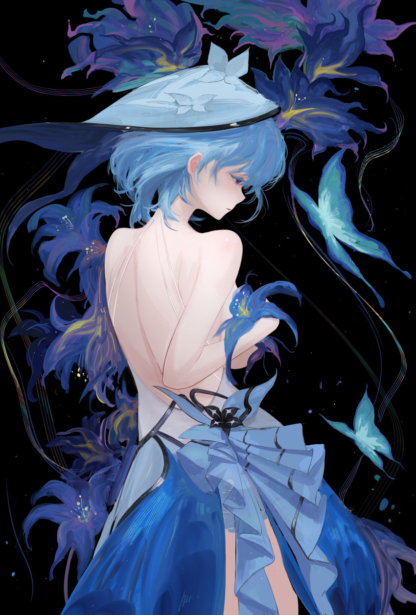 1girl absurdres back back_focus bare_arms bare_shoulders black_background black_flower blake_bloom_(wuthering_waves) blue_dress blue_flower blue_hair blue_veil breasts bug butterfly commentary dress flower from_behind highres insect large_breasts nick_laojiao purple_eyes sad shorekeeper_(wuthering_waves) short_hair simple_background solo staff_(music) veil wuthering_waves