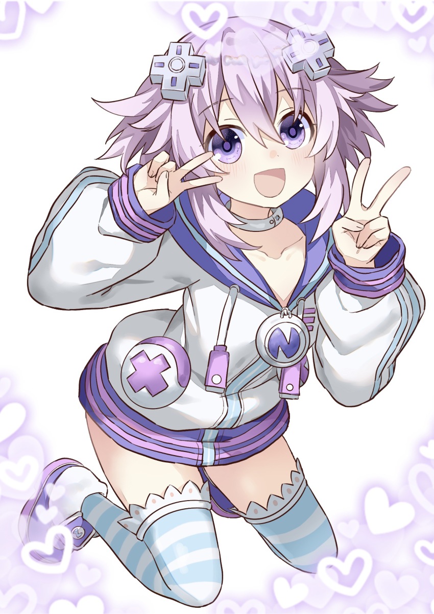 1girl :d choujigen_game_neptune commentary double_v full_body hands_up heart_border highres kneeling leaning_forward neptune_(neptunia) neptune_(series) open_mouth purple_eyes smile solo symbol-only_commentary three_quarter_view tongue trap v white_background zeniaguan