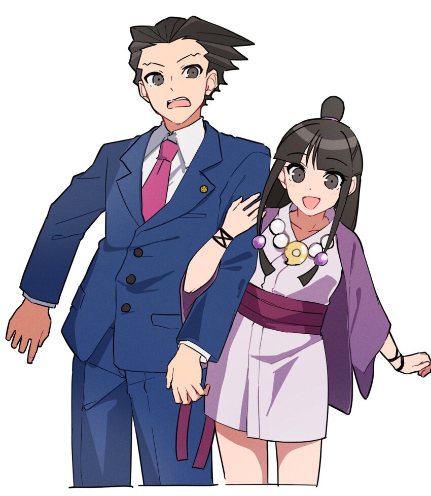 1boy 1girl :d ace_attorney black_hair blue_pants blue_suit buttons collared_shirt commentary_request dot_nose formal_clothes grey_eyes highres jewelry long_hair looking_at_viewer magatama magatama_necklace maka_gtsb maya_fey necklace necktie open_mouth pants phoenix_wright pink_necktie shirt short_hair simple_background smile standing suit topknot white_background white_shirt