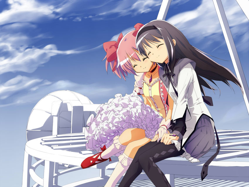 10s 2girls ^_^ akemi_homura akemi_homura_(magical_girl) black_hair cheek-to-cheek closed_eyes fujimaruu hair_ribbon hairband heads_together highres kaname_madoka kaname_madoka_(magical_girl) long_hair mahou_shoujo_madoka_magica mahou_shoujo_madoka_magica_(anime) multiple_girls pantyhose pink_hair ribbon short_hair sitting skirt smile twintails yuri