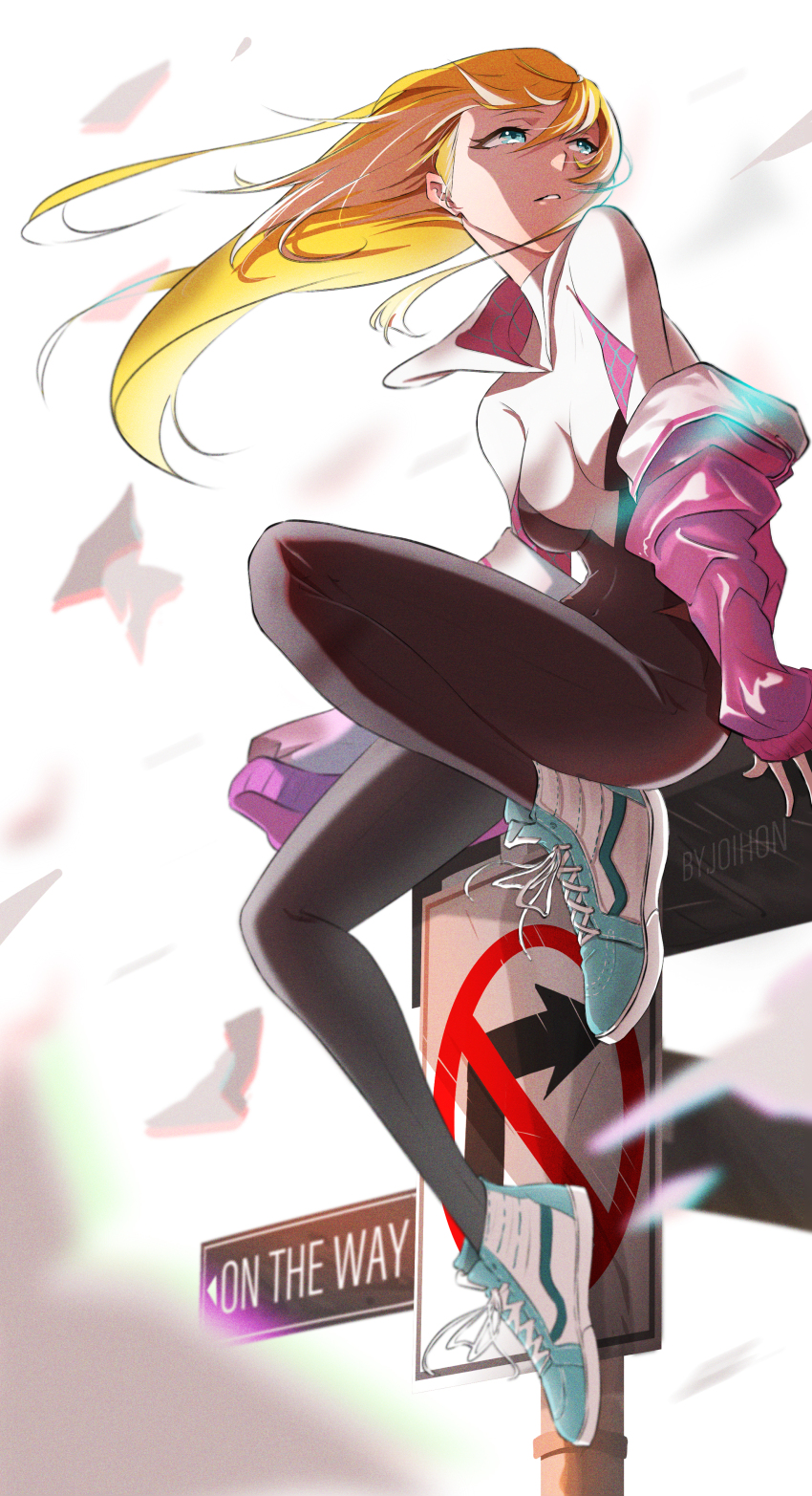 1girl absurdres artist_name blonde_hair blue_eyes blurry breasts depth_of_field floating_hair gwen_stacy hair_flowing_over highres hood hoodie jacket joihon long_hair marvel medium_breasts pink_jacket signpost sitting skin_tight spider-gwen spider-man spider-man:_across_the_spider-verse spider-man:_into_the_spider-verse spider-man_(series) spider-verse thighs traffic_light white_footwear