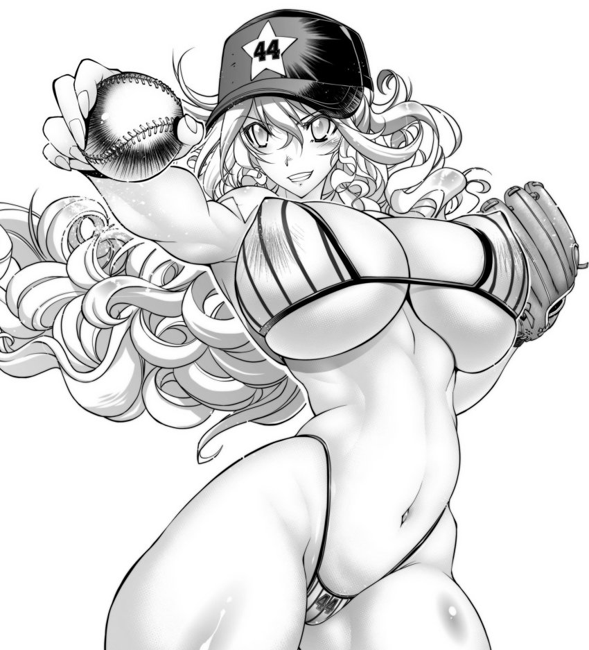 1girl baseball_ball baseball_cap bikini blush breasts covered_erect_nipples curly_hair curvy hat helmet highres image_sample large_breasts long_hair looking_away monochrome nipples puffy_nipples rakko_(r2) sandy_bash shiny_skin smile solo star_(symbol) suketto_sanjou! swimsuit tattoo thick_thighs thighs thong