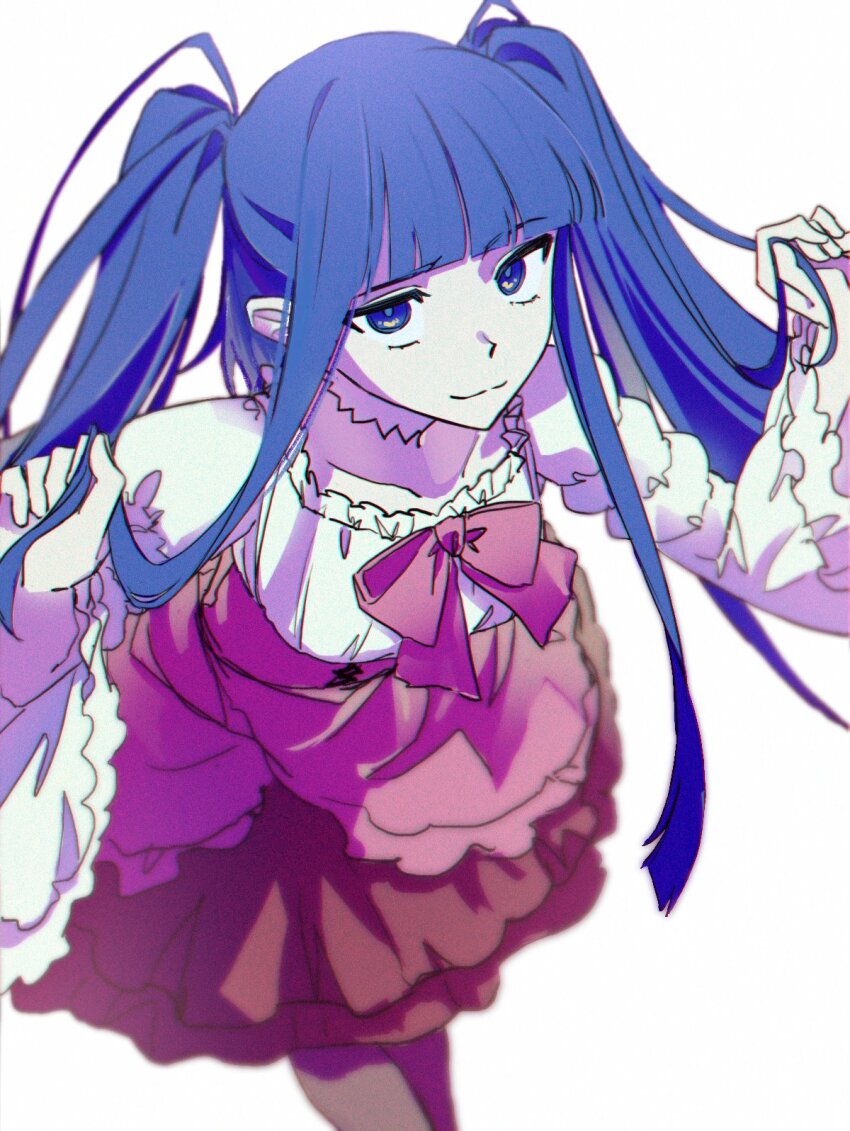 1girl blue_eyes blue_hair blunt_bangs closed_mouth cowboy_shot furudo_erika highres lolita_fashion long_sleeves looking_at_viewer sidelocks simple_background smile solo tof55832292 twintails umineko_no_naku_koro_ni white_background wide_sleeves