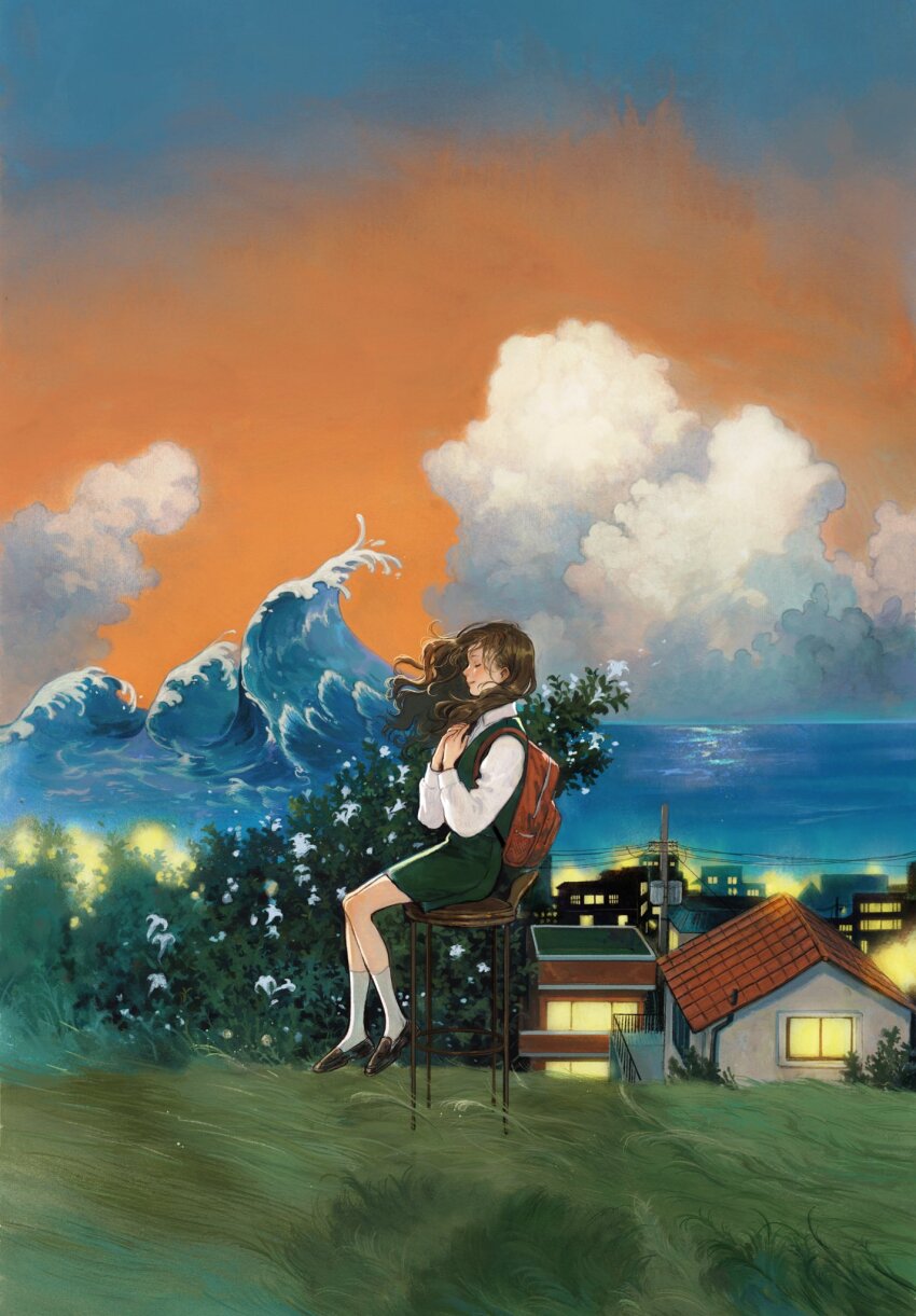 1girl backpack bag black_footwear brown_hair building chair closed_eyes cloud dress field floating_hair from_side grass green_dress hands_on_own_chest highres horizon house kneehighs loafers medium_hair multicolored_sky n0ma ocean oil_painting_(medium) on_chair orange_sky original outdoors painting_(medium) power_lines profile scenery shirt shoes sitting sky smile socks solo surreal traditional_media utility_pole water waves white_shirt white_socks wide_shot