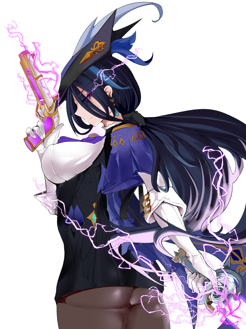 1girl absurdres ascot ass black_corset black_hair blue_cape blue_hair blue_hat breasts cape clorinde_(genshin_impact) corset dark_blue_hair epaulettes fold-over_gloves framed_breasts genshin_impact gloves gun hat hat_feather highres holding holding_gun holding_sword holding_weapon iron_sting_(genshin_impact) large_breasts leon_kunisagi long_hair low_ponytail purple_ascot purple_eyes shirt solo sword taut_clothes taut_shirt tricorne vision_(genshin_impact) weapon white_gloves white_shirt