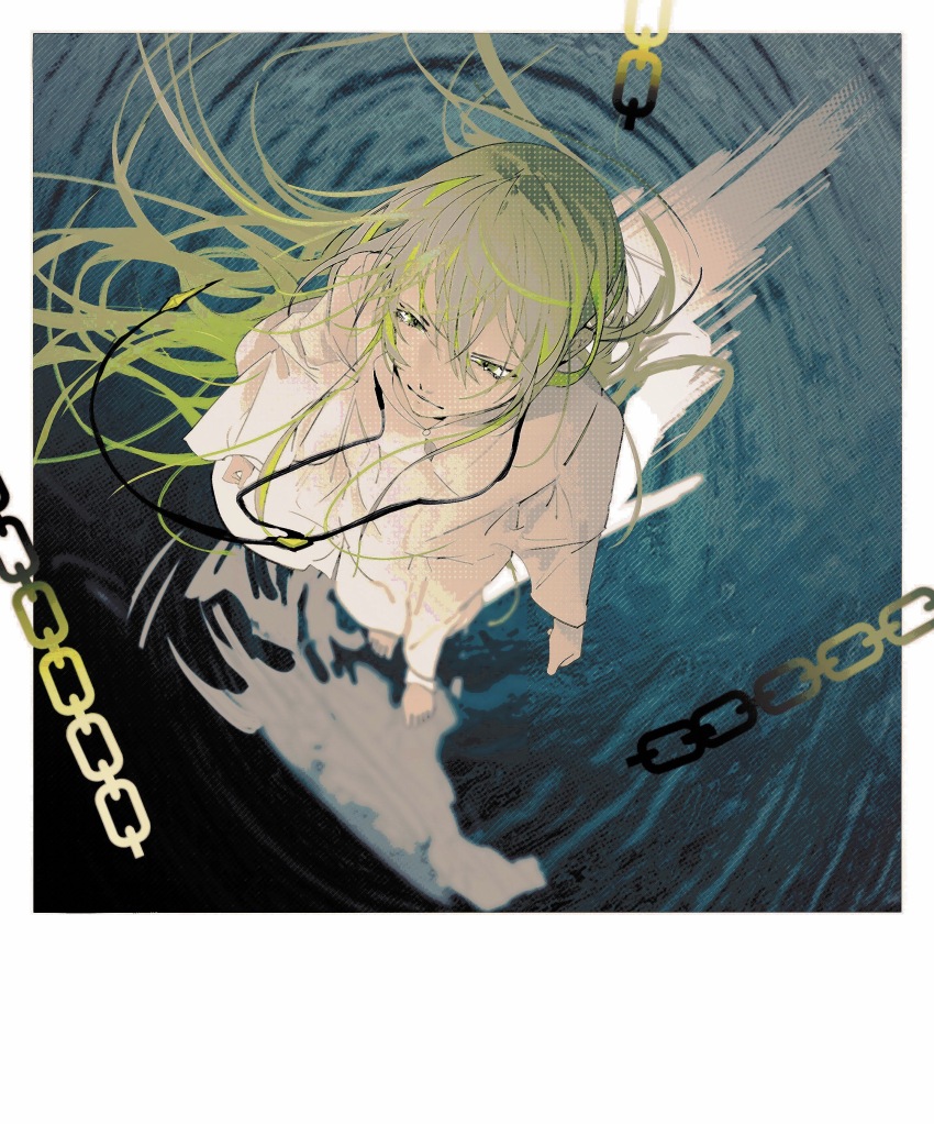 1boy absurdly_long_hair absurdres barefoot border chain chinese_commentary closed_mouth collared_shirt commentary_request enkidu_(fate) fate/grand_order fate_(series) feet floating_hair from_above full_body green_eyes green_hair hair_between_eyes highres light_smile long_hair long_sleeves looking_at_viewer looking_up male_focus pants point3q ripples shirt solo toes very_long_hair walking walking_on_liquid water white_border white_pants white_shirt