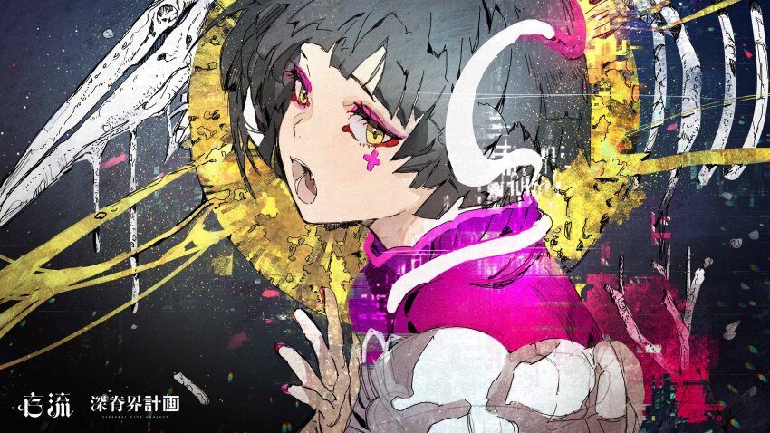 1girl absurdres aru_(sinsekai) black_background black_hair collared_shirt colorful commentary copyright_name eyeshadow facial_mark flower_facial_mark from_side hair_ornament hand_up high_collar highres hiranko kamitsubaki_studio looking_at_viewer makeup multicolored_background open_mouth pink_eyeshadow pink_nails pink_shirt portrait puffy_sleeves shirt short_hair sinsekai_studio solo virtual_youtuber white_background yellow_background yellow_eyes