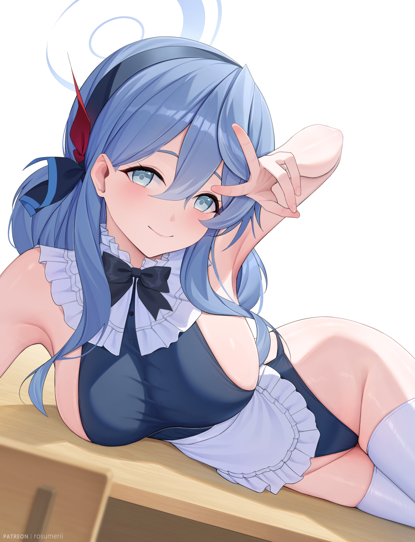 1girl absurdres ako_(blue_archive) apron arm_up black_bow black_bowtie black_hairband black_leotard blue_archive blue_eyes blue_hair blue_halo blush bow bowtie breasts closed_mouth commentary_request hair_between_eyes hairband halo highres large_breasts leotard long_hair looking_at_viewer lying maid_apron on_side on_table rosumerii sideboob simple_background smile solo table thighhighs v waist_apron white_apron white_background white_thighhighs