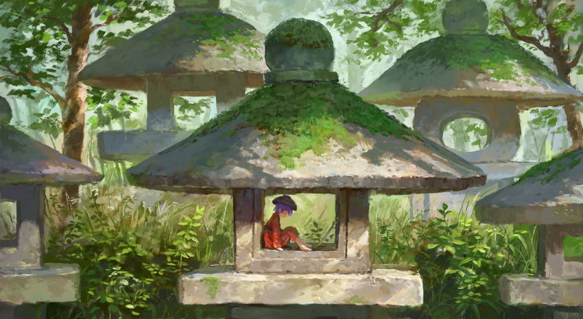 1girl barefoot blurry blurry_background bowl bowl_hat day fjsmu forest from_side hat highres japanese_clothes kimono knees_up leaning_forward mini_person minigirl moss nature outdoors purple_hair red_kimono scenery short_hair sitting sleeping solo stone_lantern sukuna_shinmyoumaru touhou tree wide_shot