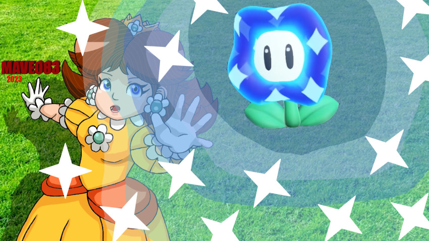 1girl arm_up blue_eyes breasts brown_hair crown dress earrings flower_earrings gloves highres jewelry looking_to_the_side mario_(series) medium_breasts nintendo orange_dress princess_daisy puffy_short_sleeves puffy_sleeves short_sleeves standing super_mario_bros._wonder wonder_flower