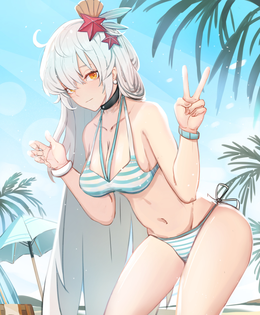 1girl beach beach_chair beach_umbrella bikini blue_bikini blue_sky breasts cleavage earrings highres honkai_(series) honkai_impact_3rd jewelry kiana_kaslana kiana_kaslana_(herrscher_of_the_void) kiana_kaslana_(parasol_kaiserin) long_hair looking_at_viewer navel outdoors palm_tree shell_hair_ornament sky starfish_hair_ornament striped_bikini striped_clothes swimsuit tree umbrella v white_hair yellow_eyes zhourues