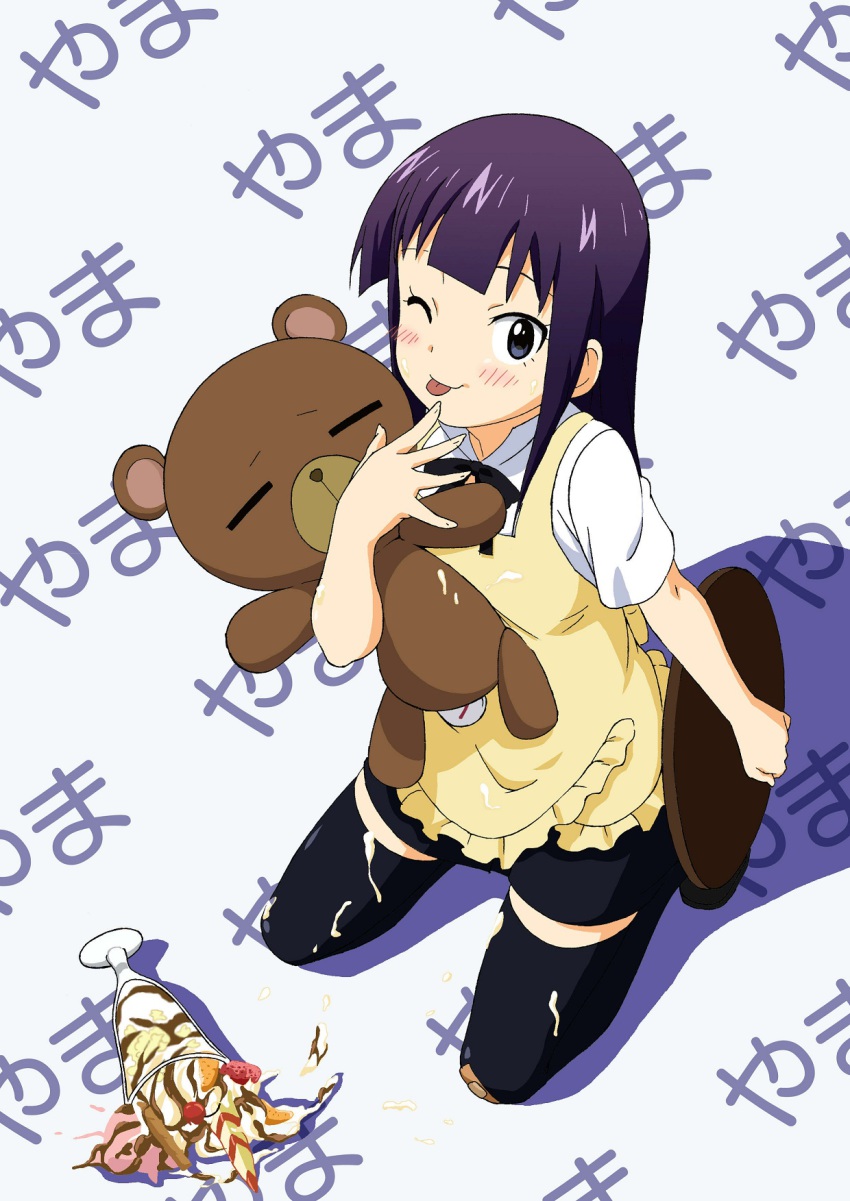 1girl :p apron bad_id bad_pixiv_id bandaid blue_eyes blunt_bangs daisy_(working!!) female_focus highres kiyukiyutan kneeling long_hair looking_at_viewer one_eye_closed parfait purple_hair sexually_suggestive skirt smile solo spill stuffed_animal stuffed_toy teddy_bear thighhighs tongue tongue_out tray tsurime waitress working!! yamada_aoi zettai_ryouiki