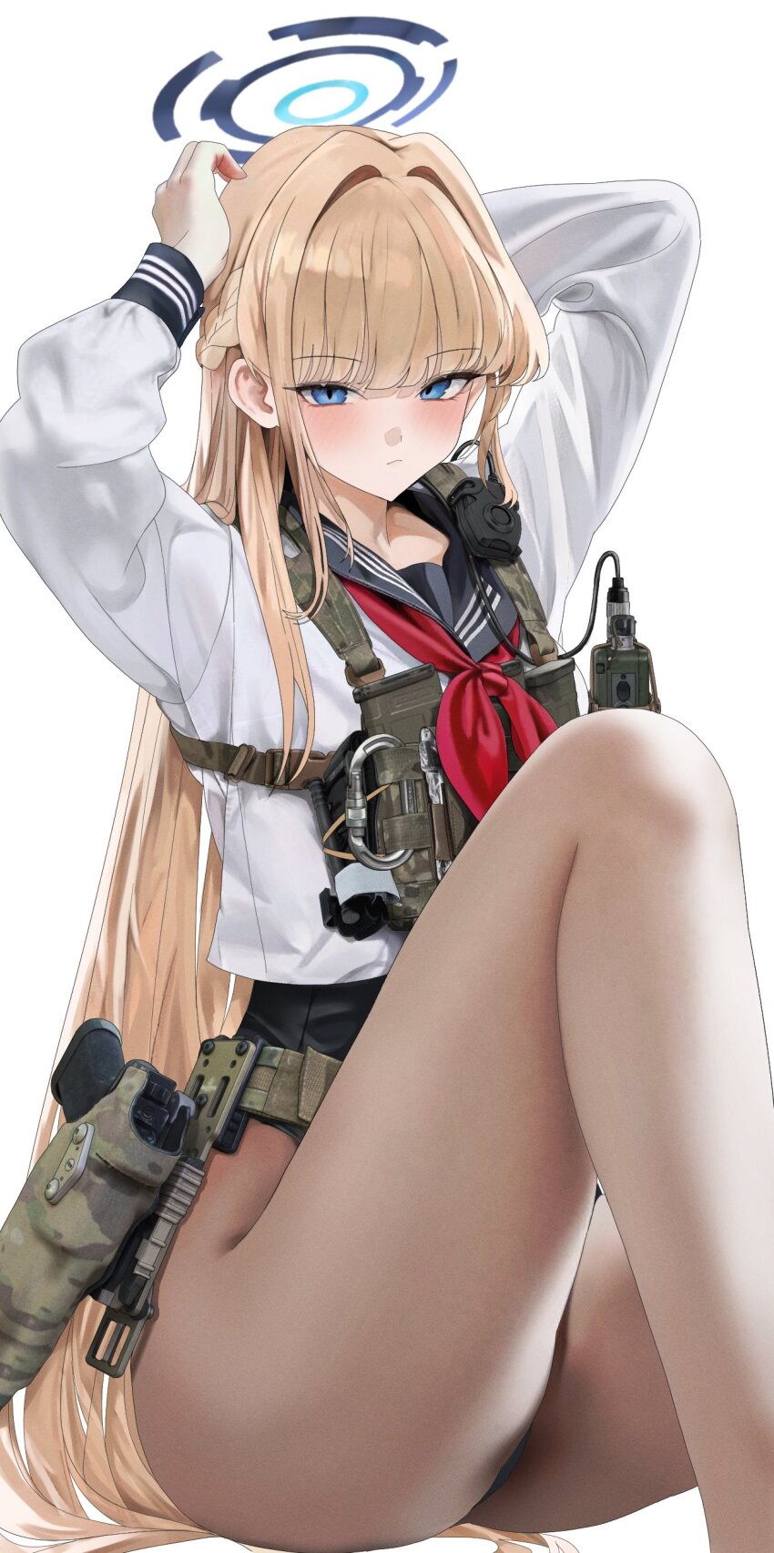 1girl absurdres ass belt blonde_hair blue_archive blue_eyes blush braid chest_rig field_radio fte_(fifteen_199) gun halo highres holster leotard long_hair magazine_(weapon) pantyhose playboy_bunny school_uniform side_braid solo toki_(blue_archive) tying_hair weapon white_background