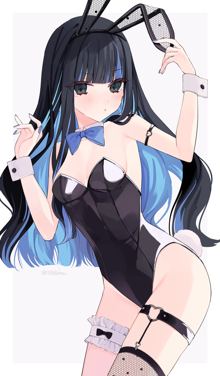 1388chan 1girl absurdres animal_ears bare_shoulders black_eyes black_hair black_leotard blue_hair blue_nails bow bowtie breasts colored_inner_hair detached_collar eyeliner facepaint fake_animal_ears fake_tail fate/grand_order fate_(series) fishnets highleg highleg_leotard highres leotard long_hair looking_at_viewer makeup multicolored_hair playboy_bunny rabbit_ears rabbit_tail sidelocks small_breasts solo strapless strapless_leotard tail tenochtitlan_(fate) thighhighs wrist_cuffs