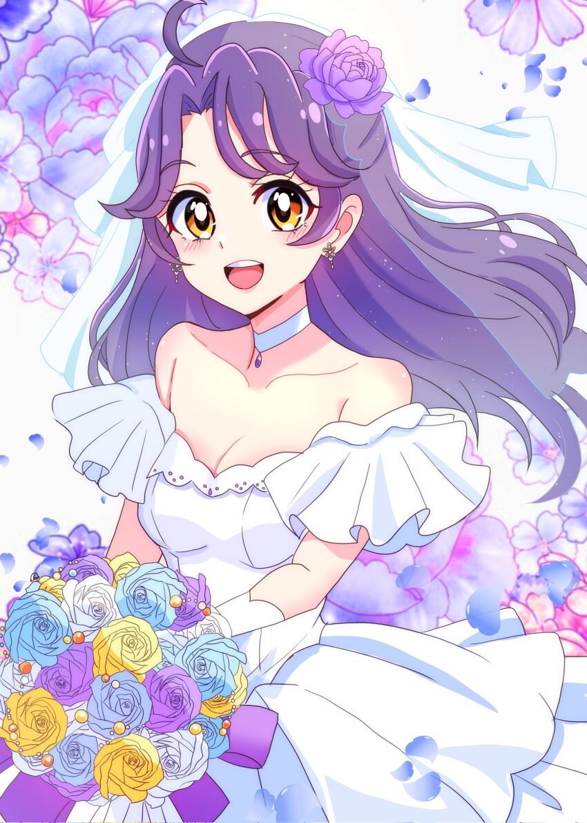 1girl :d ahoge blue_flower blush bouquet breasts bridal_veil choker cleavage collarbone dress earrings floating_hair flower gloves hair_flower hair_ornament highres holding holding_bouquet jewelry long_hair looking_at_viewer medium_breasts momotarouooi open_mouth pendant precure purple_flower purple_hair rose short_sleeves smile solo suzumura_sango tropical-rouge!_precure veil wedding_dress white_choker white_dress white_flower white_gloves yellow_eyes yellow_flower