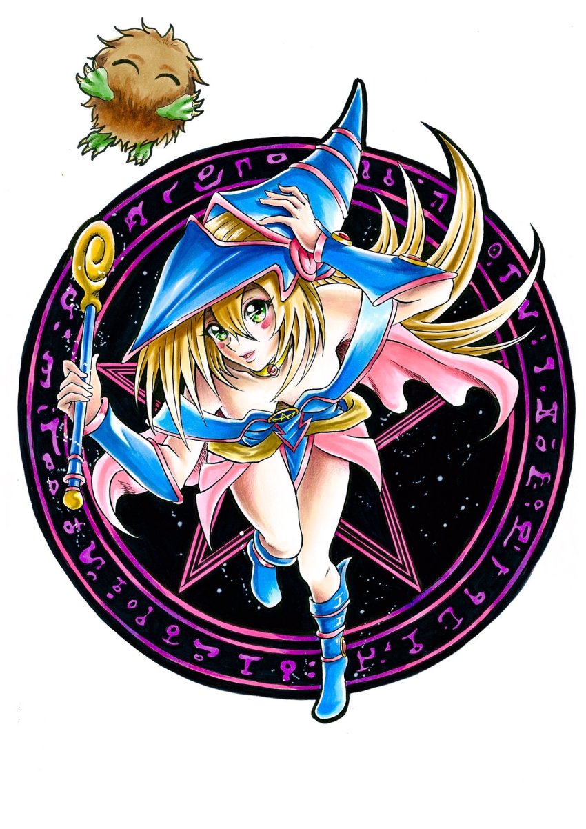 1girl artist_request bare_legs bare_shoulders blonde_hair boots breasts choker cleavage dark_magician_girl demon duel_monster female_focus hat highres kuriboh large_breasts long_hair looking_at_viewer magical_girl skirt smile traditional_media wizard_hat yu-gi-oh! yuu-gi-ou yu-gi-oh!_duel_monsters