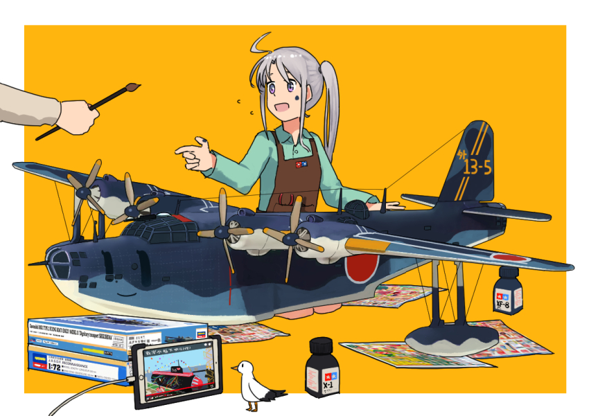 1girl ahoge aircraft airplane akitsushima_(kancolle) alternate_color apron bird border brown_apron collared_shirt commentary dress_shirt flying_boat green_shirt h8k holding kantai_collection long_hair long_sleeves model_airplane model_kit newspaper nishikitaitei-chan open_mouth orange_background outside_border paintbrush purple_eyes seagull seaplane shirt side_ponytail sidelocks silver_hair simple_background tablet_pc taigei_(jmsdf) tamiya_incorporated timmyyen vehicle_focus white_border