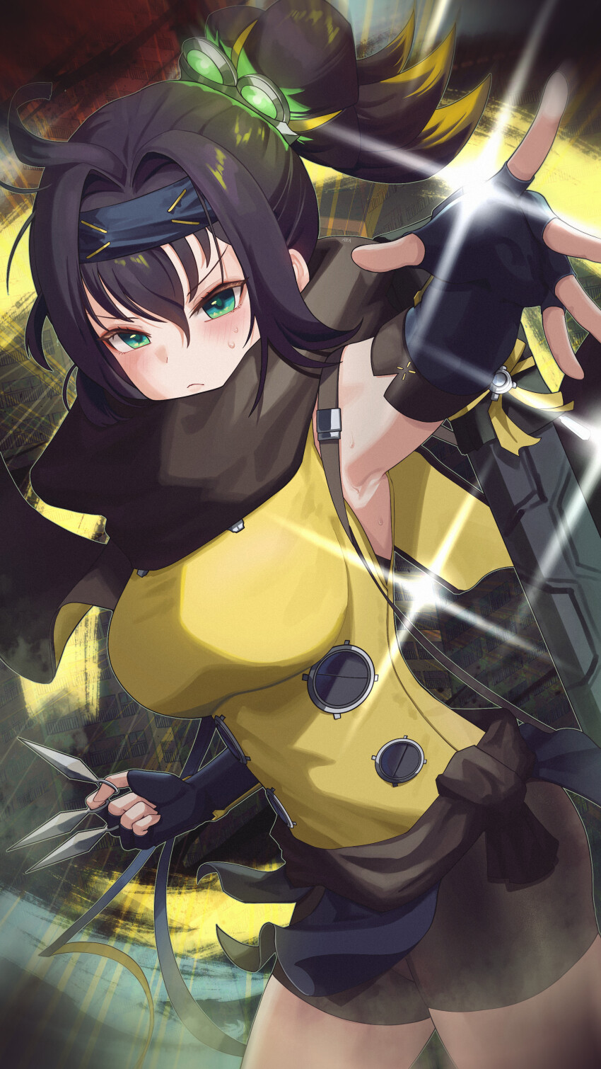 1girl absurdres black_scarf blush breasts brown_hair cowboy_shot duel_monster fingerless_gloves forehead_protector glint gloves gmg green_eyes hair_between_eyes highres kunai light_frown looking_at_viewer outstretched_arm ponytail s-force_rappa_chiyomaru s:p_little_knight scarf solo sweatdrop v-shaped_eyebrows weapon yu-gi-oh!