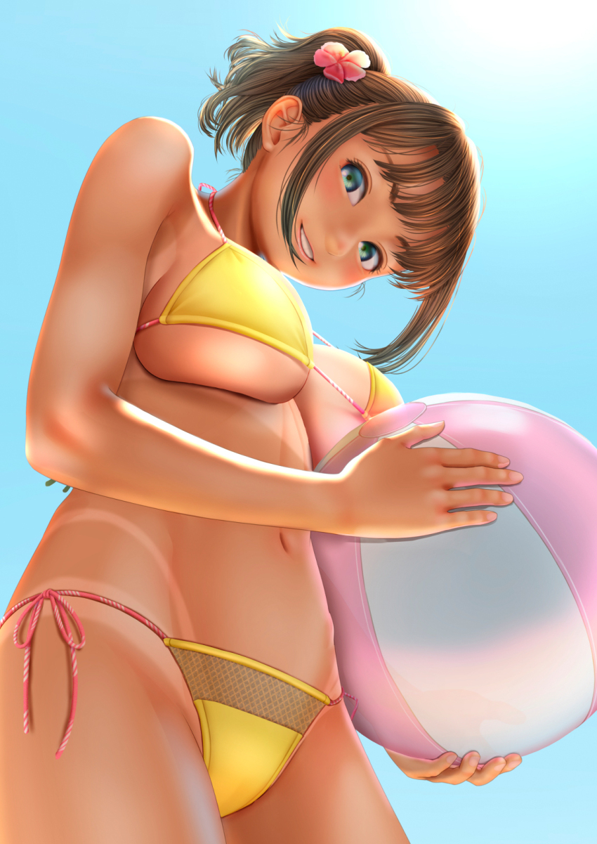 1girl ball beachball bikini blue_eyes blue_sky breasts brown_hair day flower hair_flower hair_ornament highres holding holding_ball holding_beachball large_breasts original outdoors ponytail side-tie_bikini_bottom sky solo stomach swimsuit tan tanline uzuki_mei yellow_bikini