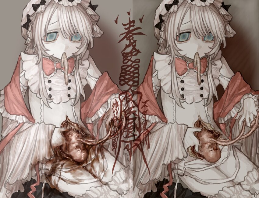 abortion black_bow blood blood_on_clothes blue_eyes bow colored_skin disembowelment fetus frilled_bow frills guro highres holding intestines original pink_bow pink_sleeves sitting two-tone_sleeves white_hair white_skin wuwuren