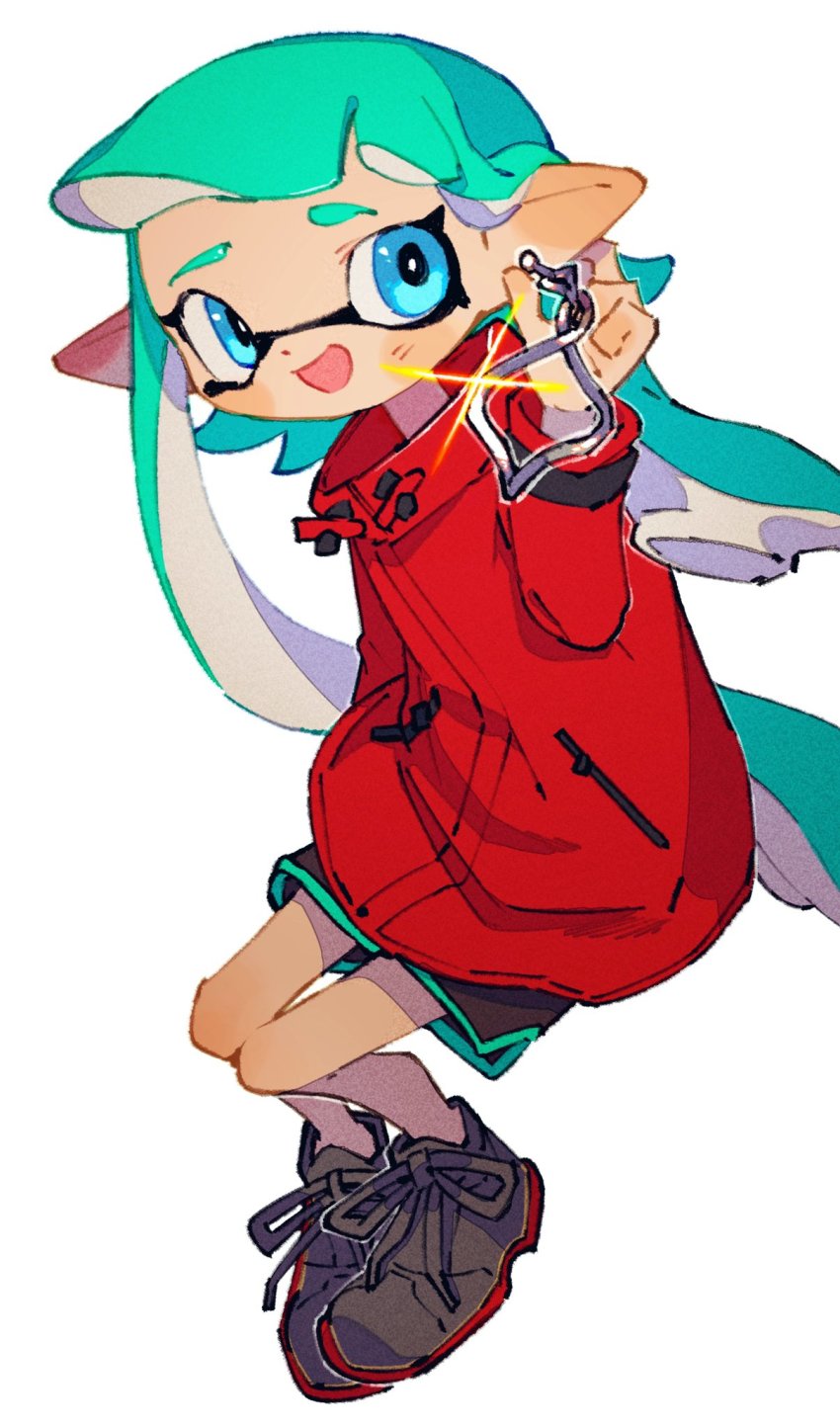 1girl :d aqua_hair black_shorts blue_eyes grey_footwear hand_up highres inari1369 inkling inkling_girl inkling_player_character long_hair long_sleeves nintendo open_mouth pointy_ears shoes shorts simple_background smile solo splatoon_(series) suction_cups tentacle_hair white_background