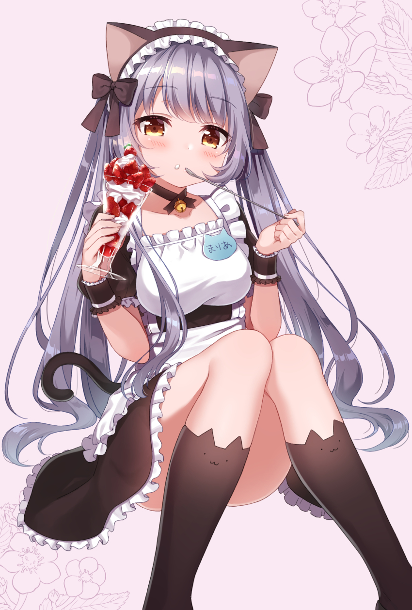 1girl animal_ear_legwear animal_ears apron bell bow breasts brown_dress brown_legwear cat_ear_legwear cat_ears cat_girl cat_legwear cat_tail collar cream cream_on_face cup dress floral_background food food_on_face fruit grey_background grey_hair hair_between_eyes hair_bow highres holding holding_cup holding_spoon knees_up looking_at_viewer maid maid_apron maid_headdress medium_breasts neck_bell orange_eyes original parfait shiono_(0303) short_sleeves sidelocks sitting solo spoon strawberry swept_bangs tail twintails utensil_in_mouth wrist_cuffs