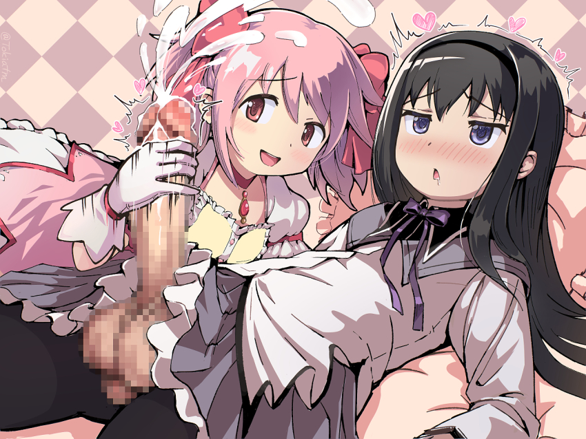 2girls :&lt; ahegao akemi_homura assertive_female black_hair black_hairband blush bow bow_choker bubble_skirt buttons center_frills checkered_background chest_jewel choker closed_mouth cum cumdrip dress frilled_dress frilled_skirt frilled_sleeves frills futa_with_female futanari gloved_handjob gloves hair_between_eyes hair_bow hair_flip hairband hand_up handjob happy heart kaname_madoka light_blush long_hair long_sleeves looking_at_penis magical_girl mahou_shoujo_madoka_magica mahou_shoujo_madoka_magica_(anime) medium_hair miniskirt multiple_girls on_bed pantyhose pink_dress pink_gemstone pink_hair projectile_cum puffy_short_sleeves puffy_sleeves purple_bow purple_eyes purple_skirt red_bow red_choker red_eyes shirt short_dress short_sleeves short_twintails skirt smile tokiatm trembling twintails white_gloves white_skirt white_sleeves